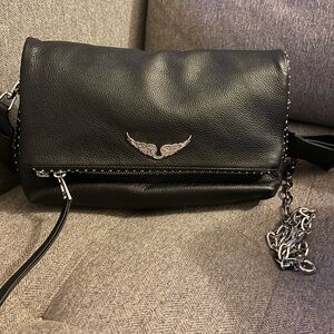 Zadig eVoltaire Rockstar Black Leather Crossbody Bag with Wing Emblem